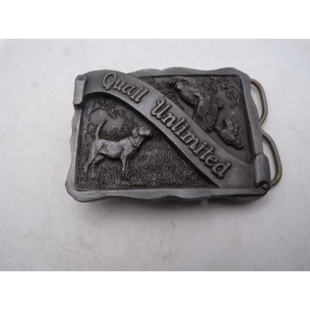 Vintage Quail Unlimited Limited Edition Belt Buckle Hunting Dog Bird Pewter Tone
